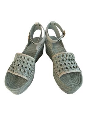 Tory Burch Sage Green Woven Leather Espadrille Wedge Sandals Size 8 NEW